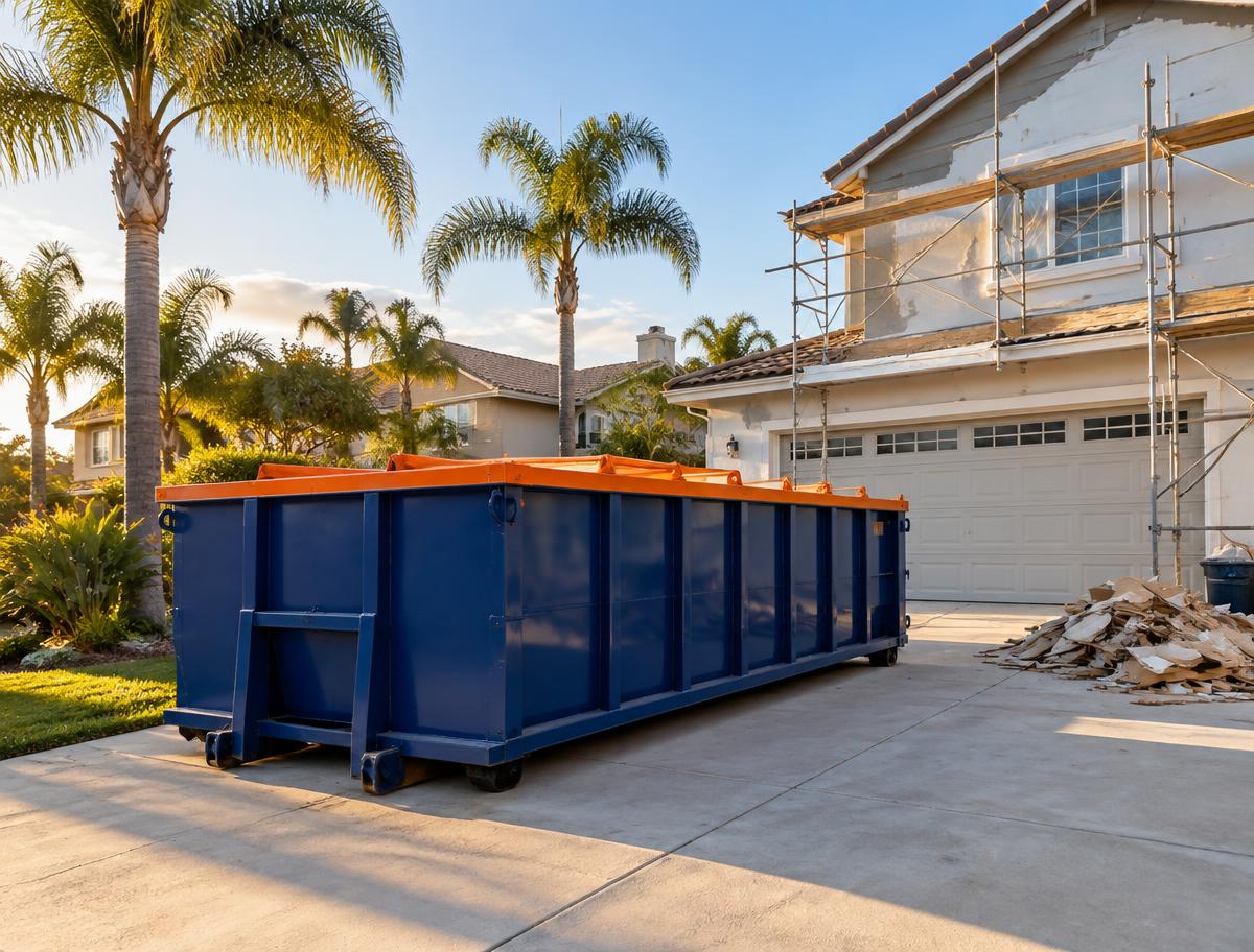 Roll-off dumpster on a residential driveway in Whittier during a home renovation